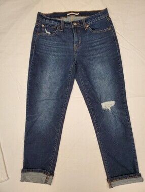 Levi's Boyfriend Jeans Size 27 Dark Wash Distressed Knee Rip Cuffed Cropped
